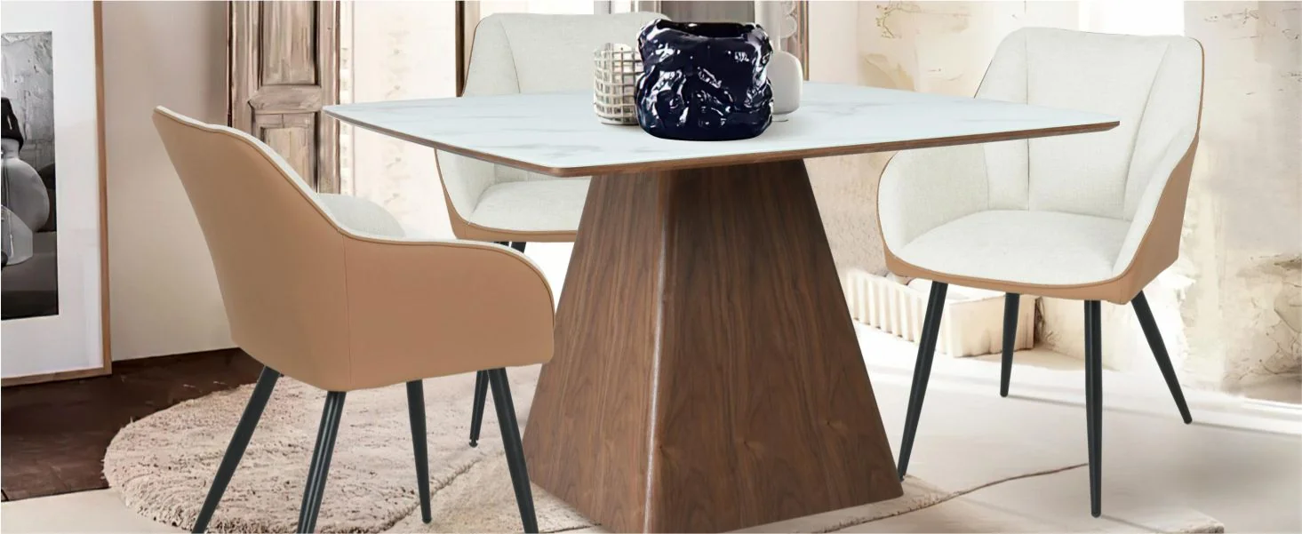 Zephry Collection Modern Dining Wooden Square Dining Table Walnut With Marbled Top