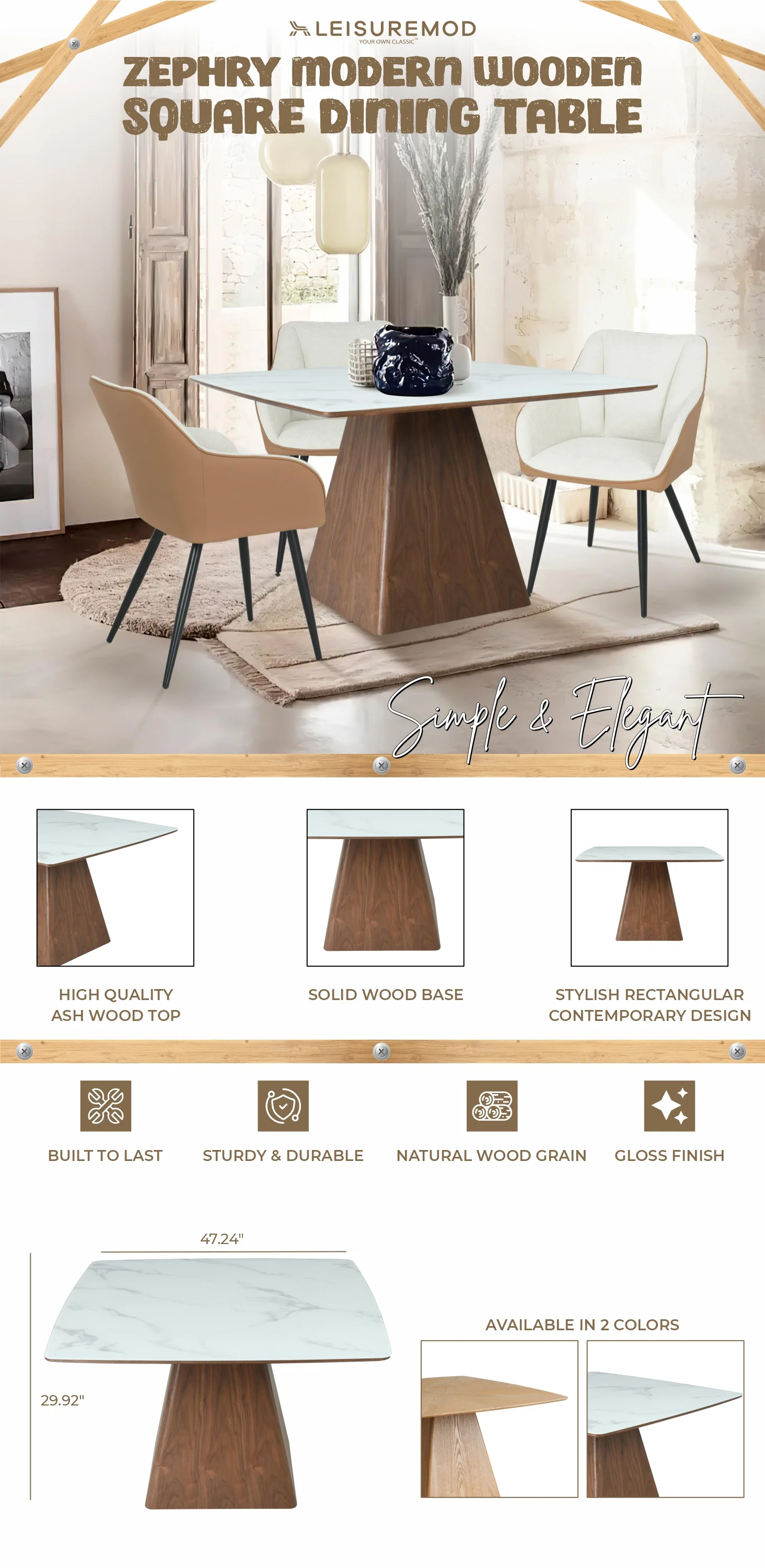 Zephry Collection Modern Dining Wooden Square Dining Table Walnut With Marbled Top