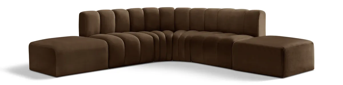 Arc - Velvet 6 Piece Corner Modular Sofa - Brown