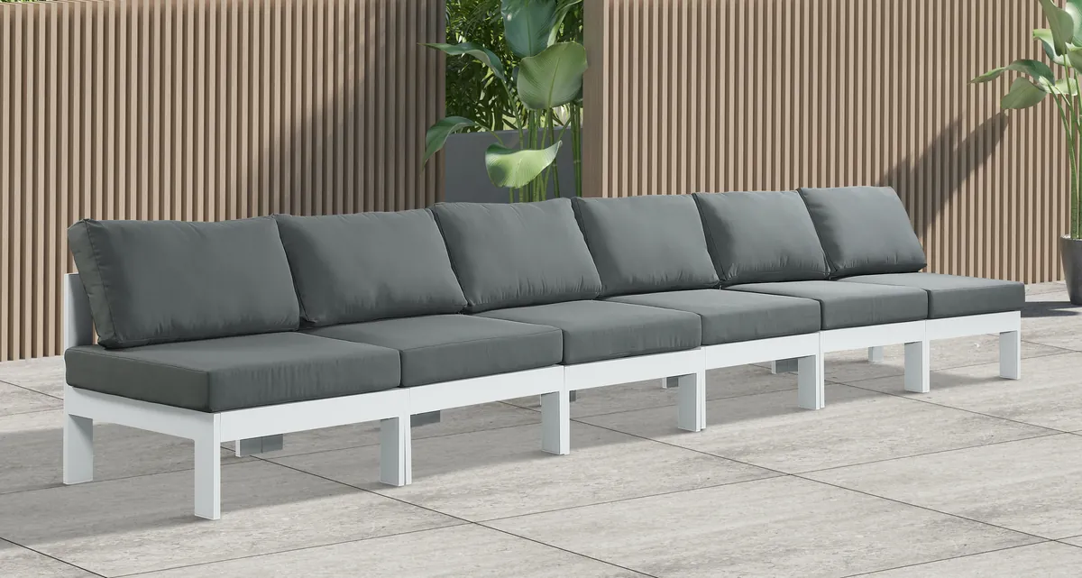 Nizuc - Outdoor Patio 6 Seat Armless Modular Sofa With White Frame - Gray - View 2