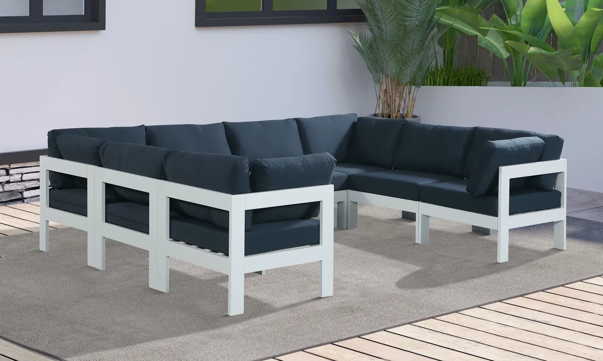 Nizuc - Outdoor Patio 8 Piece Modular U-Shaped Sectional With White Frame - Navy - View 2