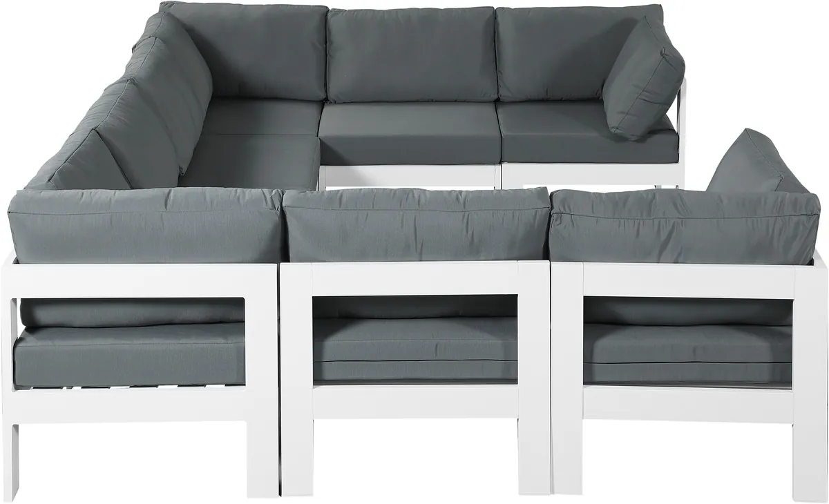 Nizuc - Outdoor Patio 8 Piece Modular U-Shaped Sectional With White Frame - Gray
