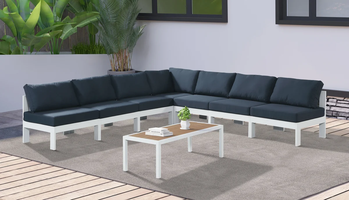 Nizuc - Outdoor Patio 7 Piece Modular Croner Armless Sectional With White Frame - Navy - View 2