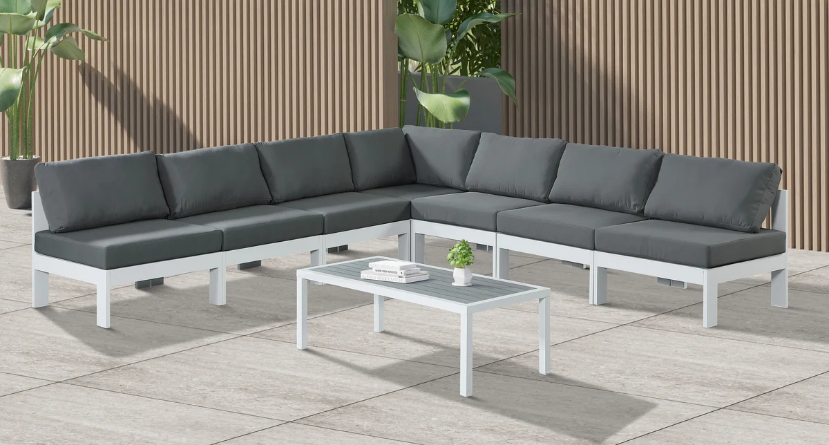 Nizuc - Outdoor Patio 7 Piece Modular Croner Armless Sectional With White Frame - Gray - View 2