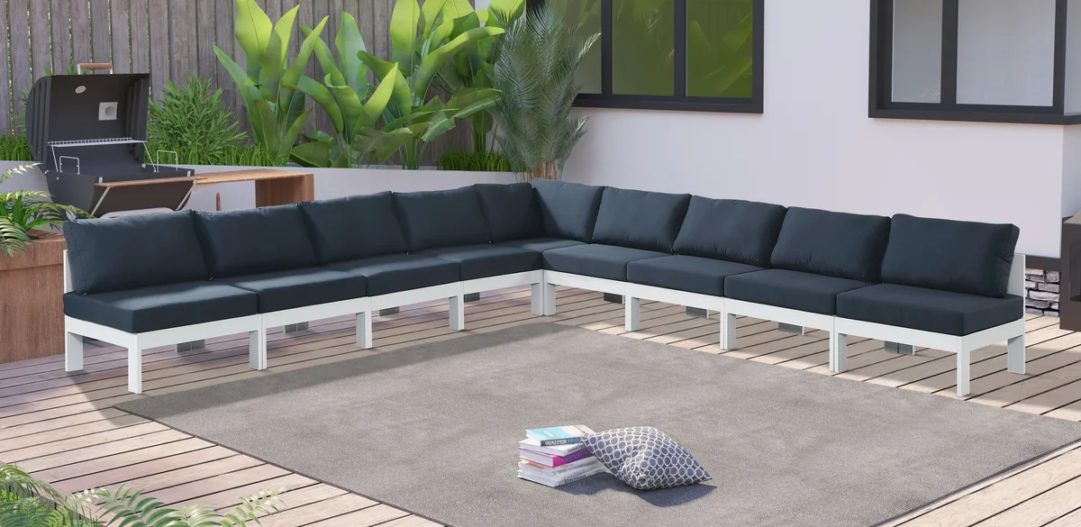 Nizuc - Outdoor Patio 9 Piece Modular Corner Armless Sectional With White Frame - Navy - View 2