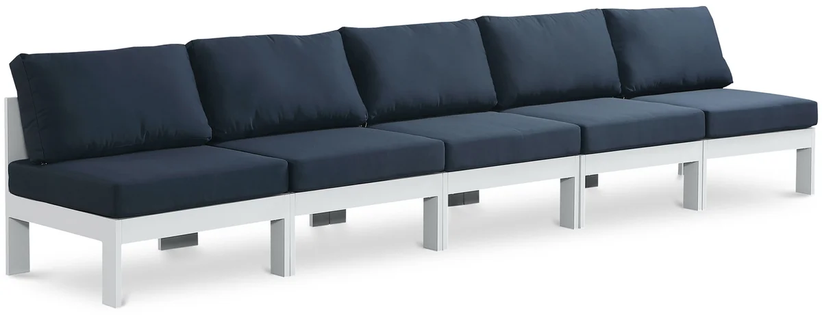 Nizuc - Outdoor Patio 5 Seat Modular Armless Sofa With White Frame - Navy