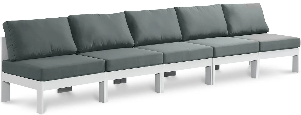Nizuc - Outdoor Patio 5 Seat Modular Armless Sofa With White Frame - Gray
