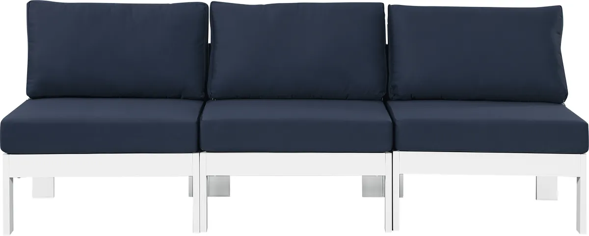 Nizuc - Outdoor Patio 3 Seat Armless Modular Sofa With White Frame - Navy