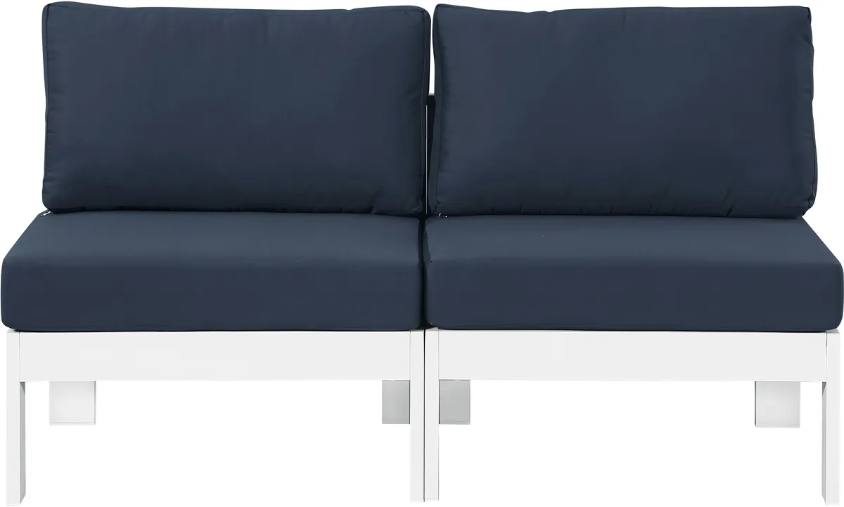 Nizuc - Outdoor Patio 2 Seat Armless Modular Sofa With White Frame - Navy