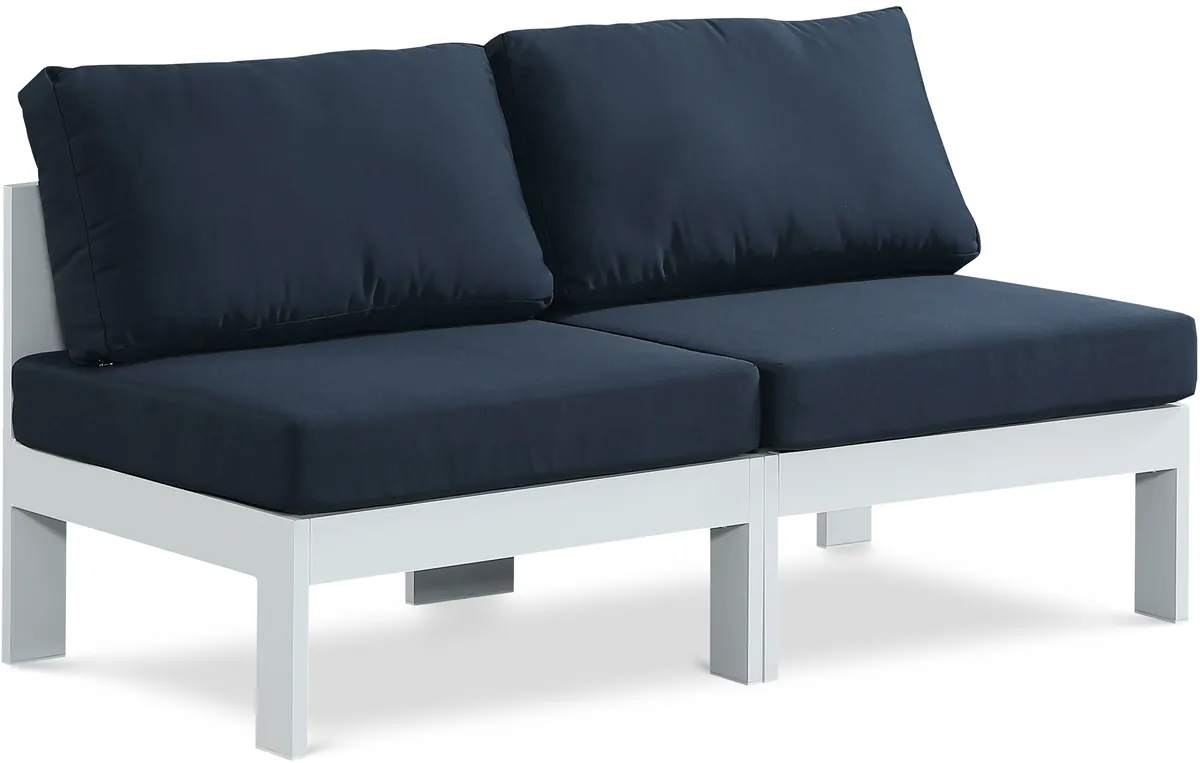 Nizuc - Outdoor Patio 2 Seat Armless Modular Sofa With White Frame - Navy