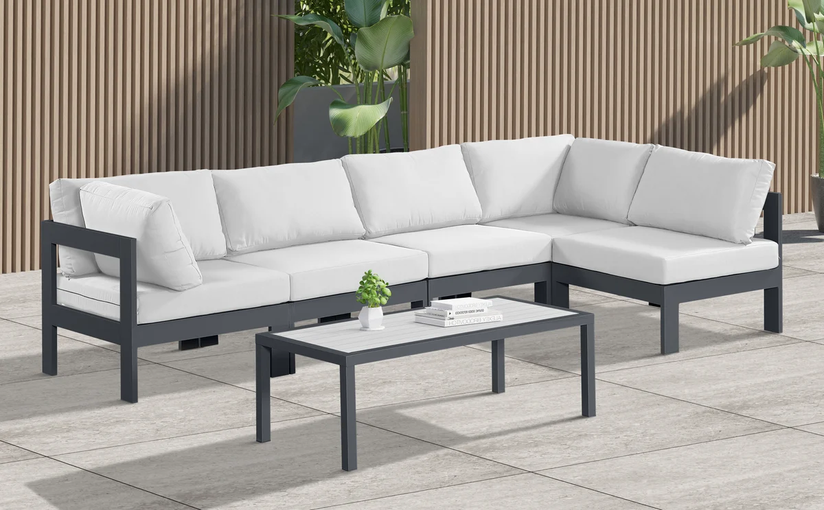 Nizuc - Outdoor Patio 5 Piece Modular Sectional With Gray Frame - White