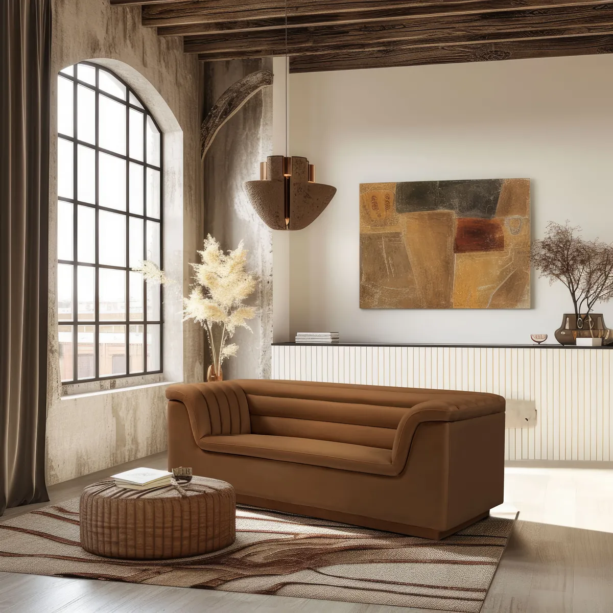 Cascade - Velvet Loveseat - Saddle - View 2