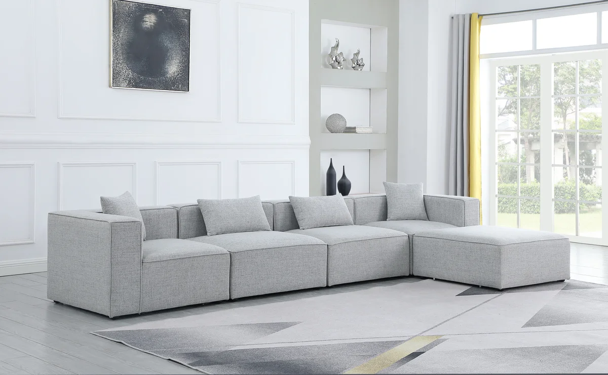 Cube - Linen 5 Piece Modular Sectional With Chaise - Gray