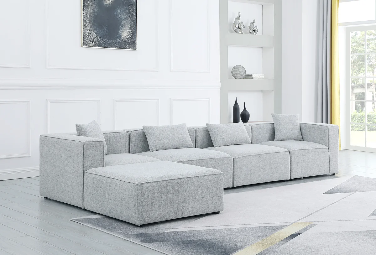 Cube - Linen 5 Piece Modular Sectional With Chaise - Gray