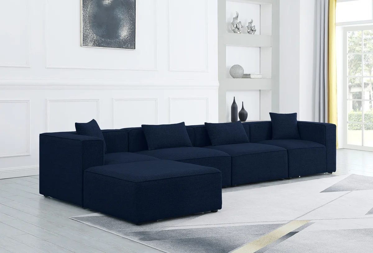 Cube - Linen 5 Piece Modular Sectional With Chaise - Navy