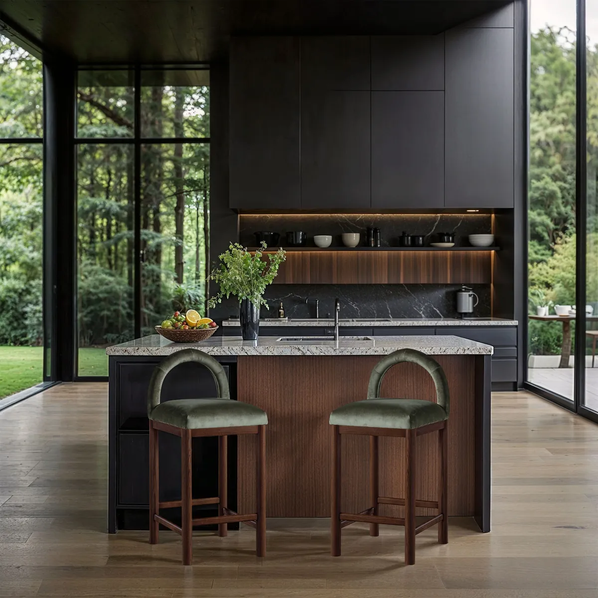 Conrad - Velvet Counter Stool With Brown Legs - Green - View 2