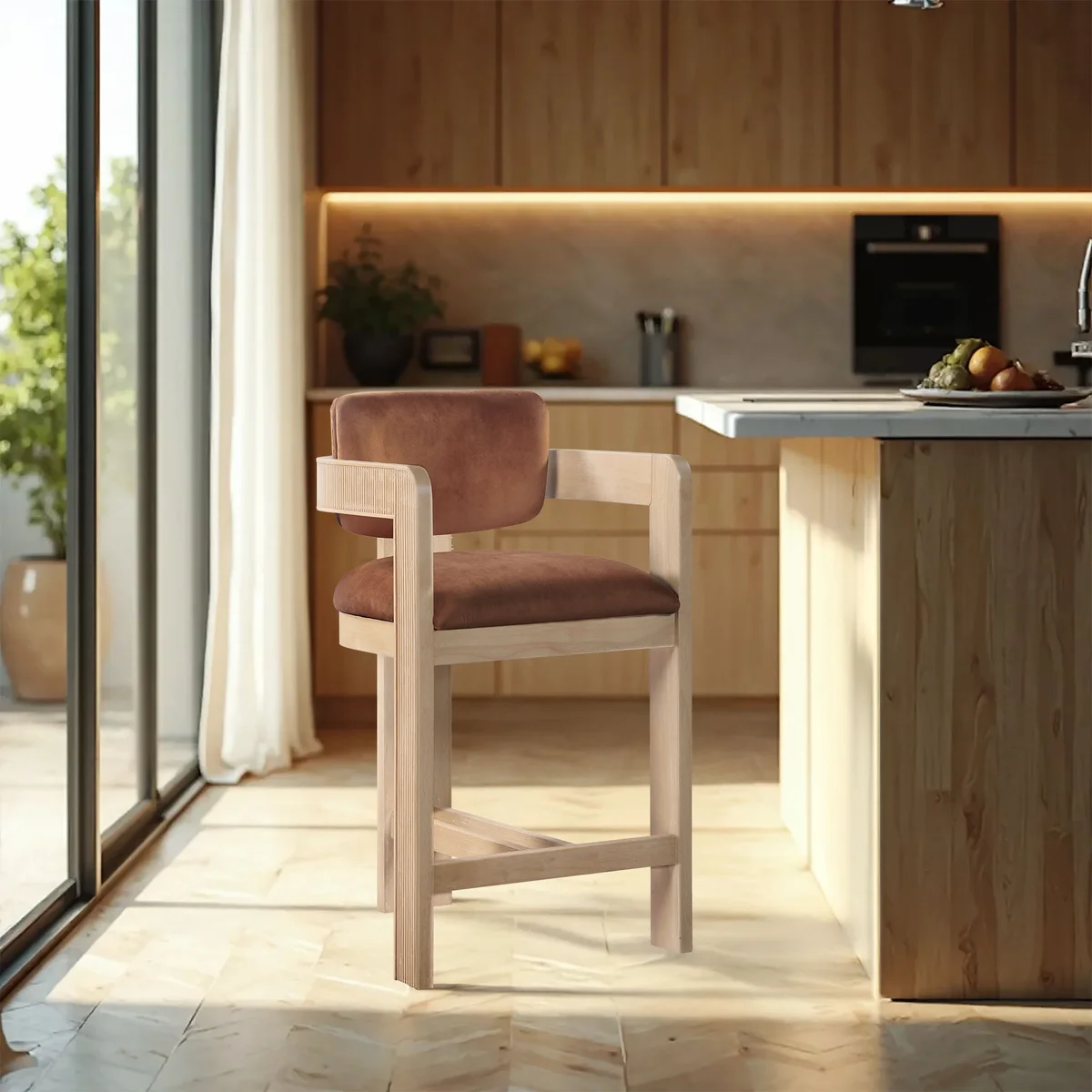 Sacha - Velvet Stool With Natural Base - Cognac - View 2