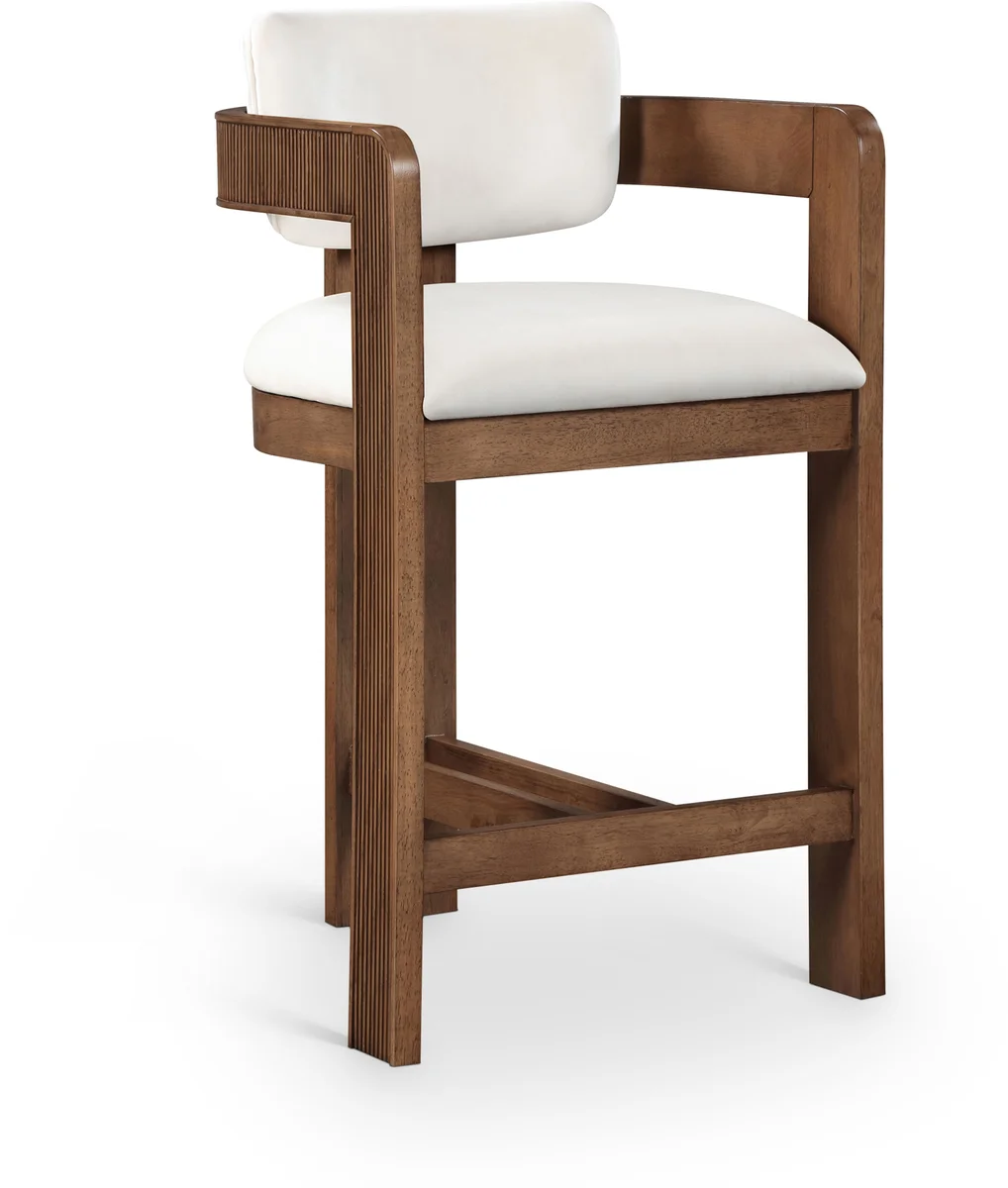 Sacha - Velvet Stool With Brown Base - White