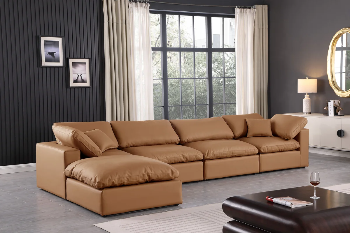 Comfy - 5 Piece Faux Leather Modular Sectional With Chaise - Cognac - View 2