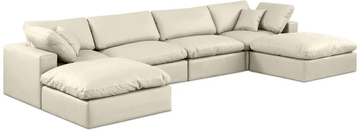 Comfy - 6 Piece Faux Leather Modular Double Chaise Sectional - Cream