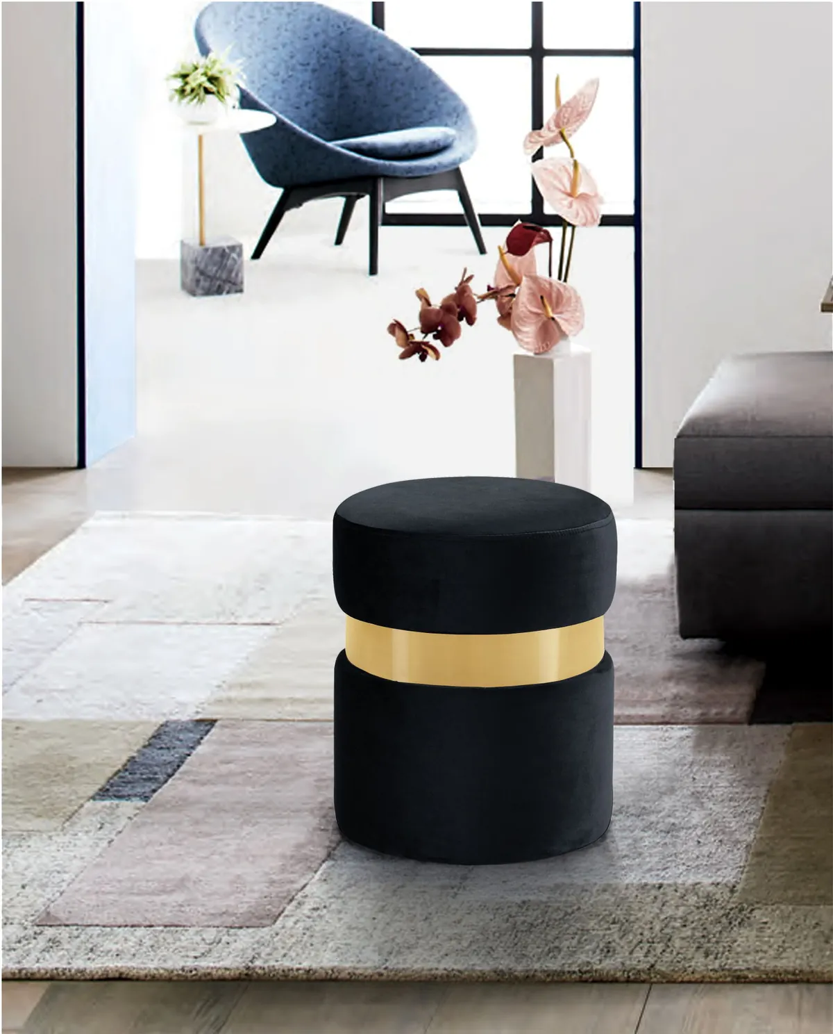 Hailey - Ottoman / Stool - Black - Fabric - View 2
