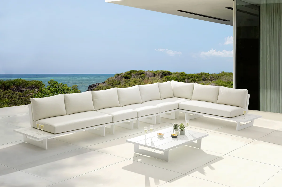 Maldives - 6 Piece Water Resistant Outdoor Patio Modular Right Arm Facing Sectional With White Base - Cream - View 2