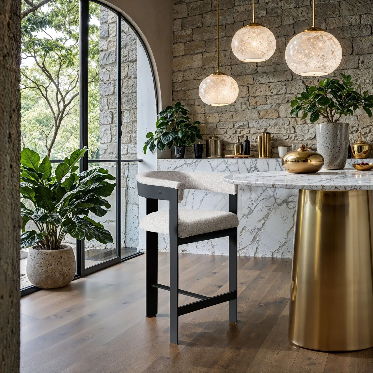 Romeo - Boucle Counter Stool With Black Base (Set of 2) - Cream - View 2