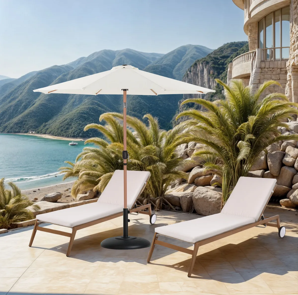 Fiji - Aluminum Patio Umbrella With Round Black And Teak Base - White