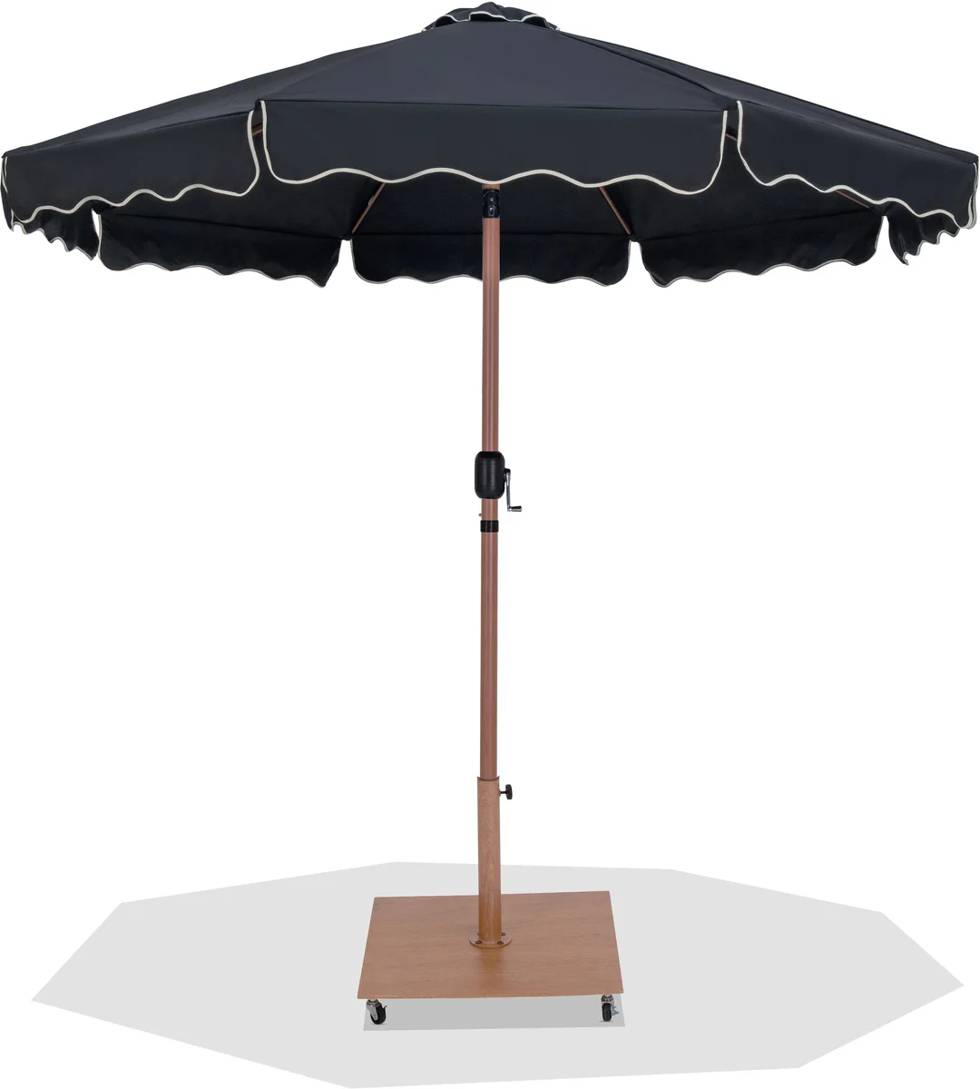 Amalfi - Fabric With Cream Piping Aluminum Patio Umbrella with Base - Black / Teak