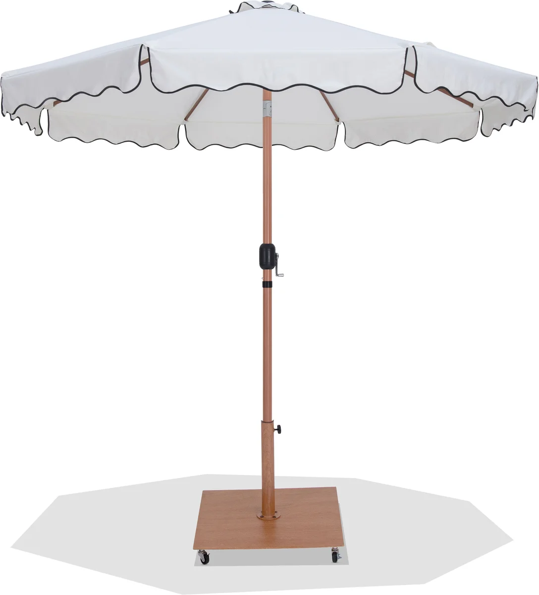 Amalfi - Fabric With Black Piping / Teak Aluminum Patio Umbrella with Base - White