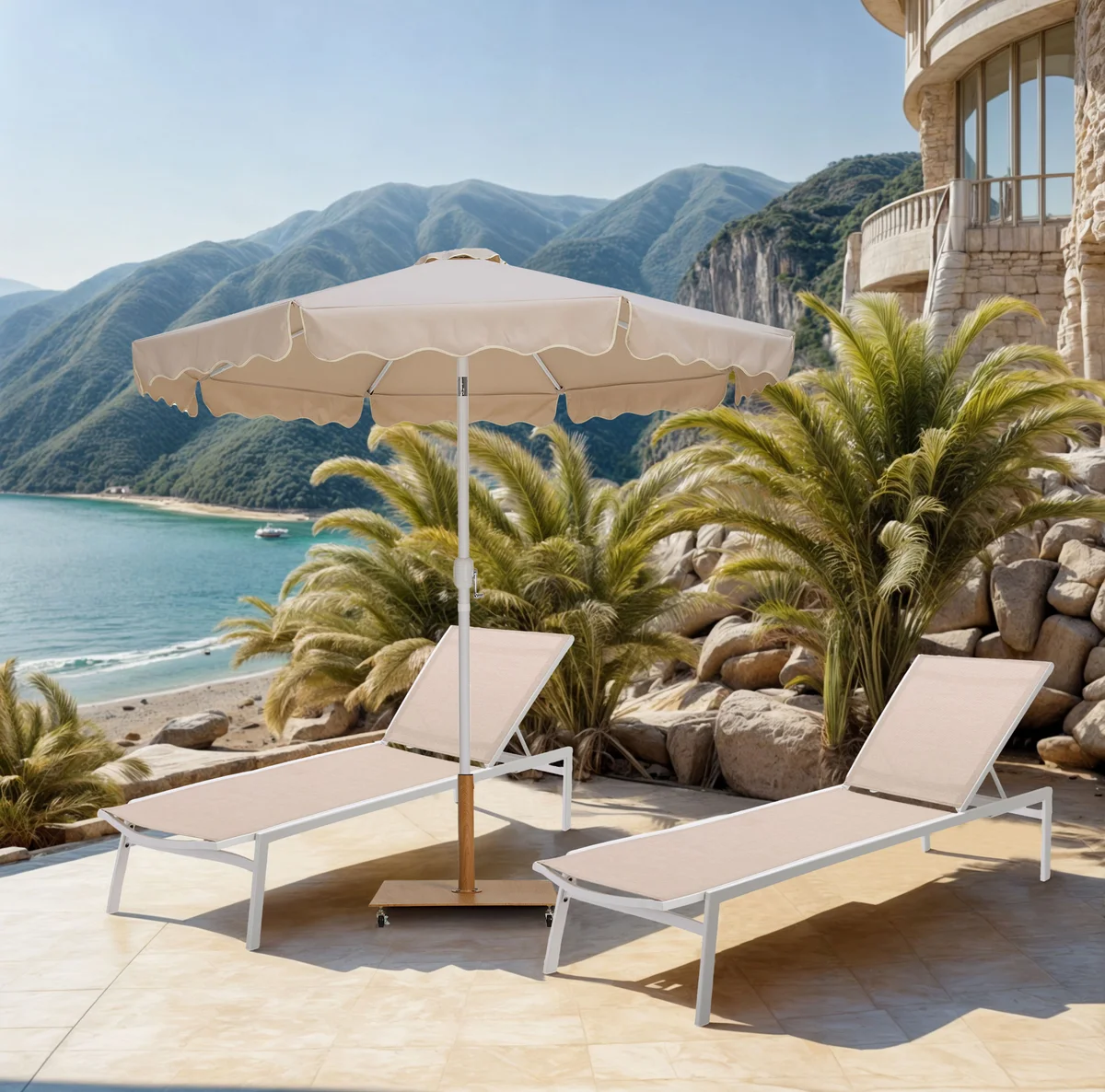 Amalfi - With Cream Piping Aluminum Patio Umbrella with Base Fabric - Beige / Teak - View 2