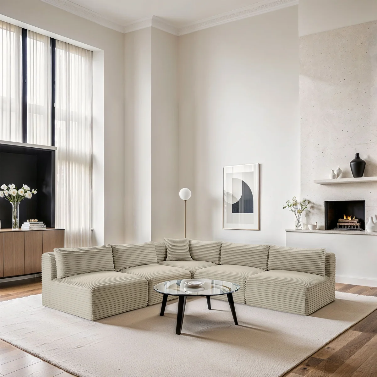 Shaggy - 5 Piece Modular Corner Armless Sectional - Cream - View 2