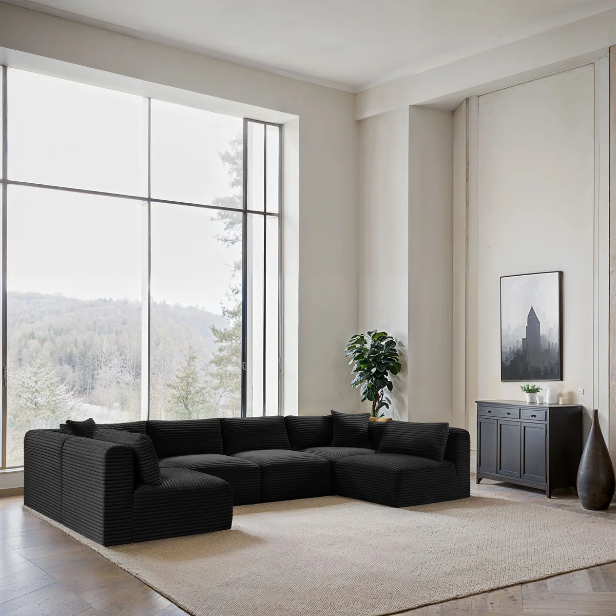 Shaggy - 6 Piece Modular U-Shaped Armless Sectional - Black - View 2