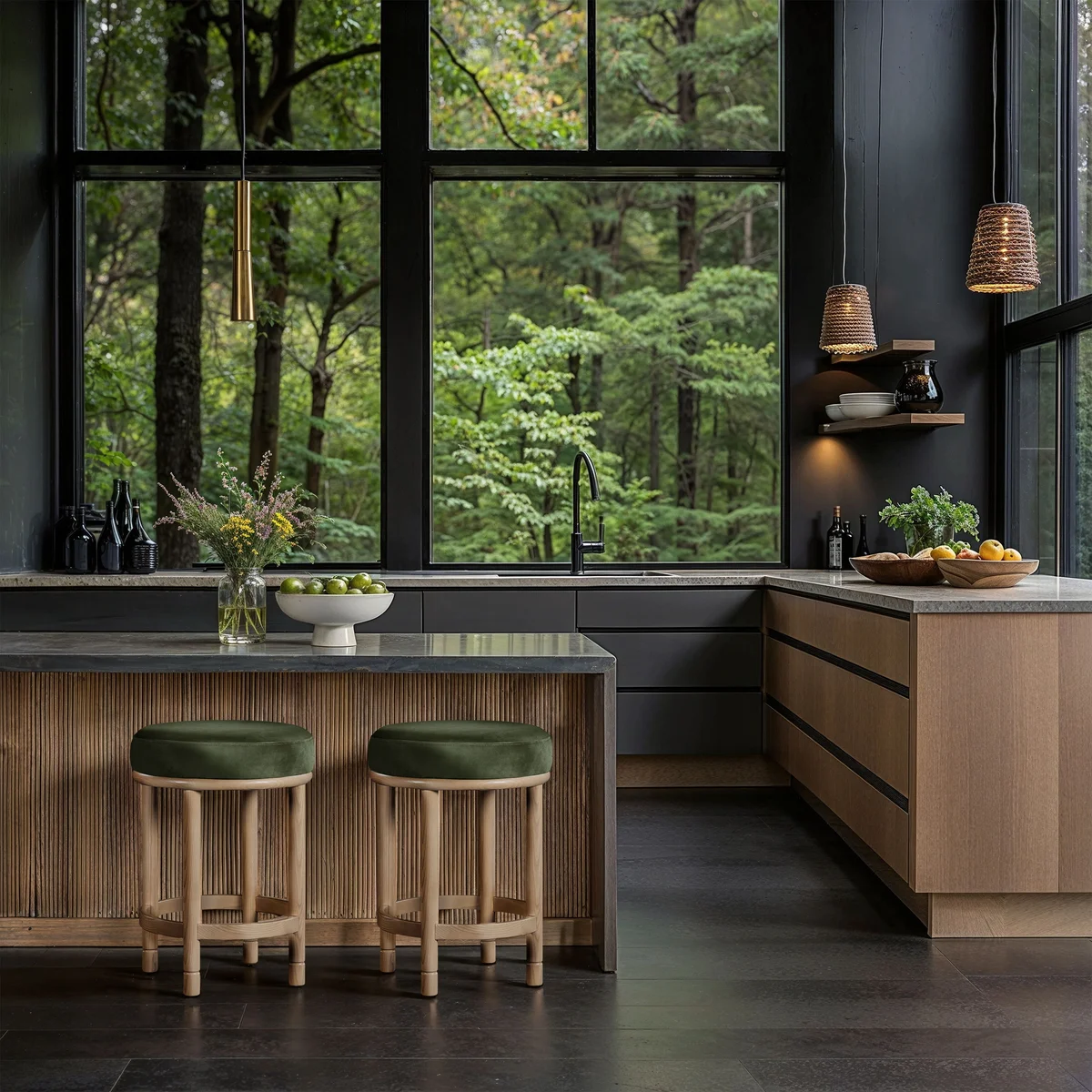 Monette - Counter Stool With Natural Base - Green - View 2