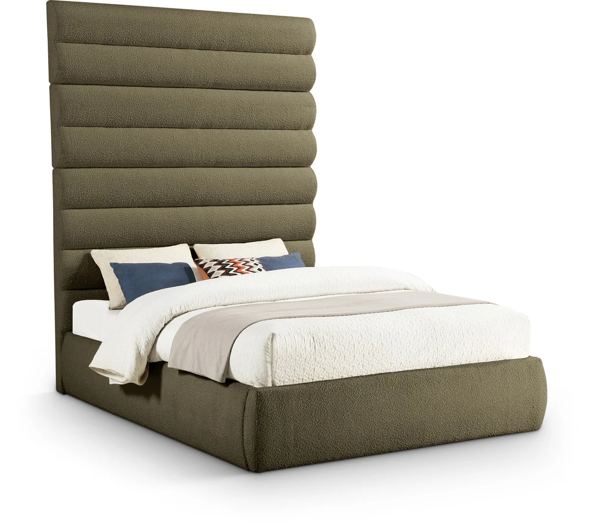 Adam - Boucle Fabric Queen Bed With 89" Headboard - Olive